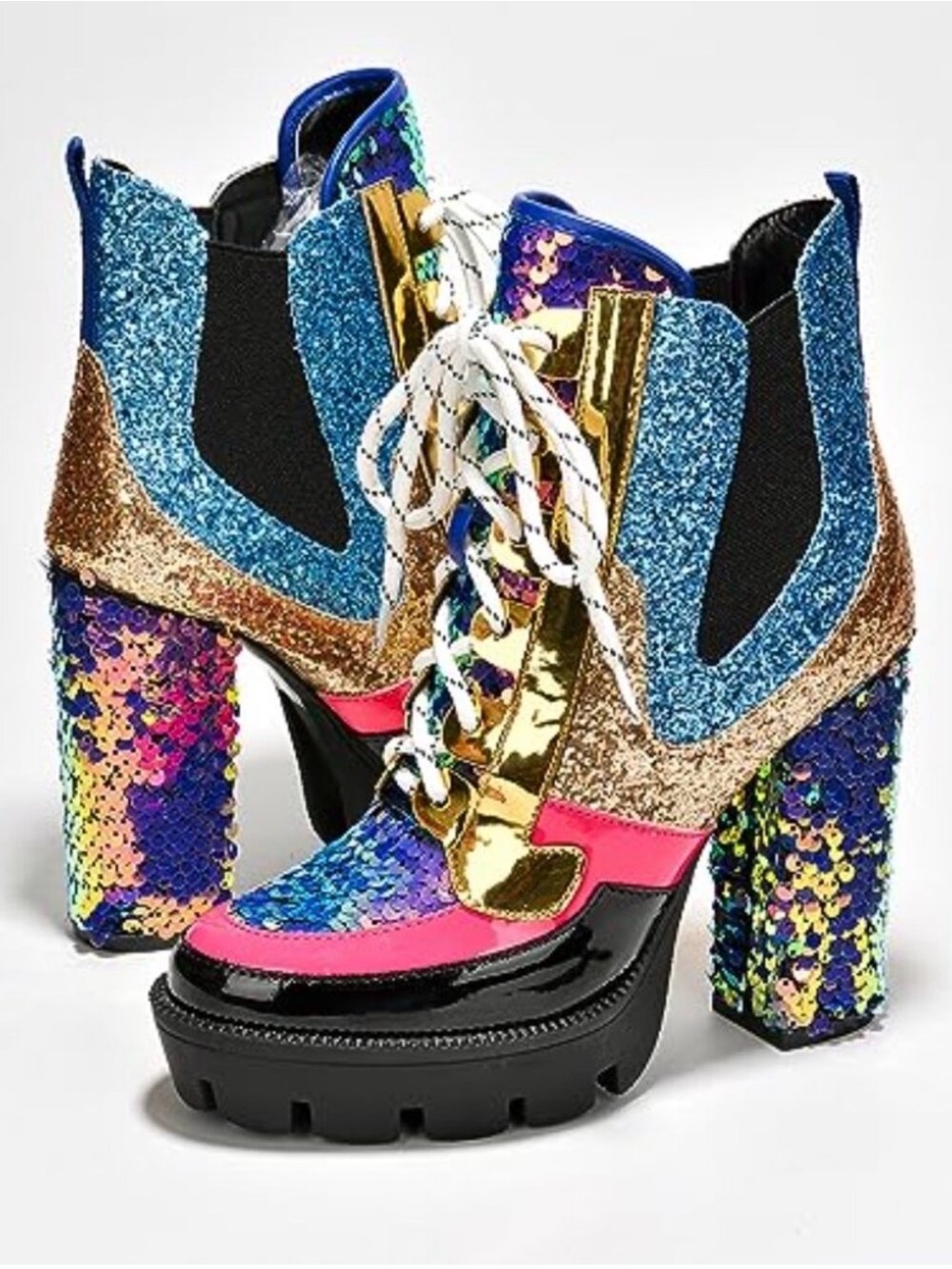 Women's Multicolor Platform Sequin Lace-Up Ankle Boots